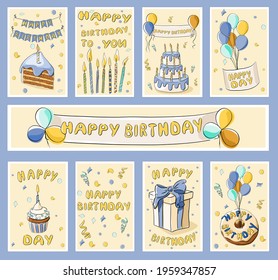 A set of birthday greeting cards with the image of a cake, cupcake, candles, a gift in a carob, a donut with a greeting inscription, balloons. A congratulatory holiday banner. Vector. Hand drawn style