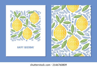 Set of birthday greeting cards with lemons and leaves. Vector templates for greeting or gift cards, flyers, posters, banners, patterns, art decoration. Yellow lemons.