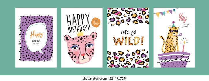 Set of birthday greeting cards with leopards, cake and leopard's pattern texture.