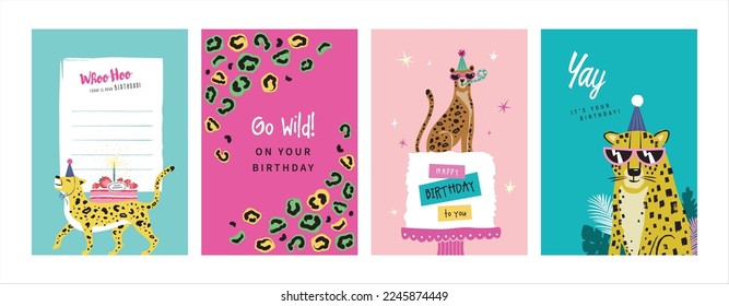 Set of birthday greeting cards with leopards, cake and leopard's pattern texture.