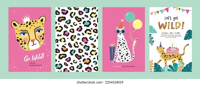 Set of birthday greeting cards with leopards, cake, balloons and leopard's pattern texture.