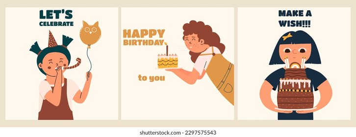 Set of birthday greeting cards with little kids. Vector illustration in hand drawn style