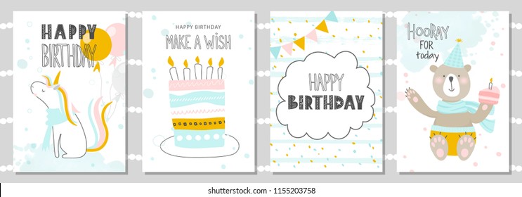 Set of Birthday greeting cards and party invitation templates with cute unicorn, bear and cake. Vector illustration