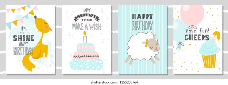 Conjunto de tarjetas de felicitación de cumpleaños y plantillas de invitación de fiesta con zorro, oveja y pastel adorables. Ilustración del vector