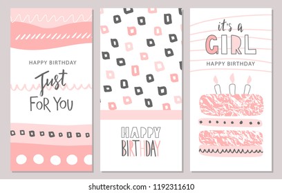 Set of Birthday greeting cards and party invitation templates with cute hand drawn elements. Vector illustration