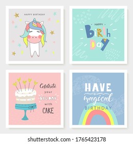 Set of Birthday greeting cards and party invitation templates with cute hand drawn elements. Vector illustration