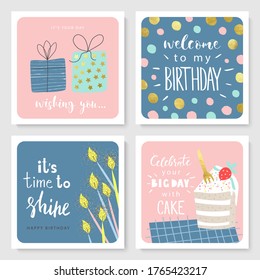Set of Birthday greeting cards and party invitation templates with cute hand drawn elements. Vector illustration