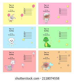 Set of birthday greeting cards and party invitation templates with cute characters, baby elephant, bunny, girl, little mermaid, polar bear, dinosaur, Vector illustration