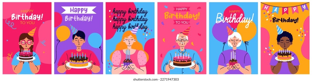 Set of Birthday greeting cards with people blow out candles on the cake or cupcake. Balloons and confetti on background. Birthday party, celebration, congratulations, invitation concept. 