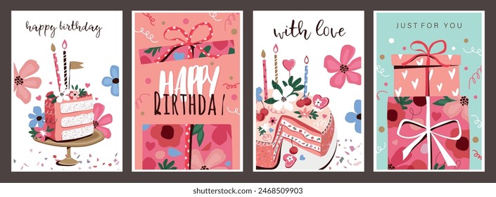 Set of birthday greeting cards. Postcards with delicious birthday cake, wishing candles and gift box. Birthday Party Celebration Invitation. Cartoon flat vector collection isolated on gray background