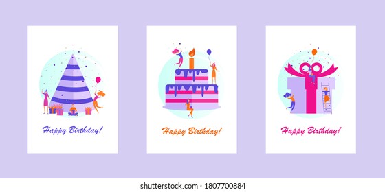 Set of Birthday greeting cards with tiny flat people, friends, gift boxes, birthday cake and birthday cap. Vector illustration in flat style