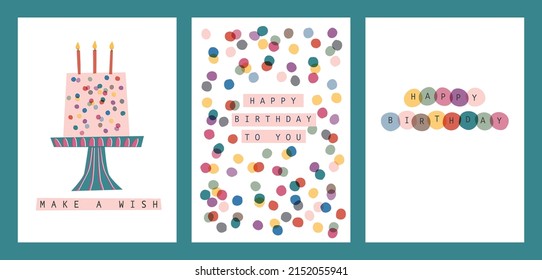 Set of Birthday Greeting Cards. Vector hand drawn illustration.