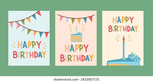 A set of birthday greeting cards in vector design.. Postcards with lettering, with a piece of cake and a candle. Cartoon style eps10