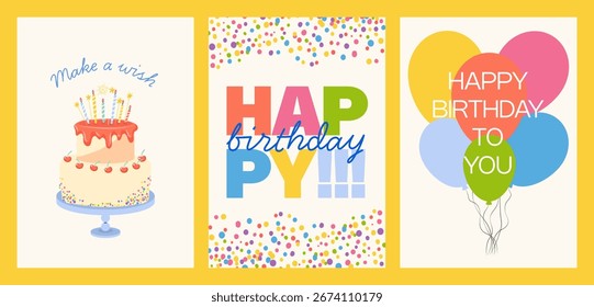 Conjunto de tarjetas de felicitación de cumpleaños. Ilustración vectorial. 