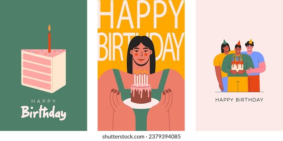 Set of birthday greeting cards with young people, cake and candles. Happy people celebrating birthday party with cake vector flat illustration. 