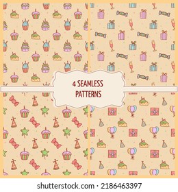 Set of birthday greeting party decorations seamless pattern. Gifts presents, cupcakes, celebration cake
