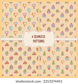 Set of birthday greeting party decorations seamless pattern. Gifts presents, cupcakes, celebration cake