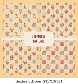 Set of birthday greeting party decorations seamless pattern. Gifts presents, cupcakes, celebration cake