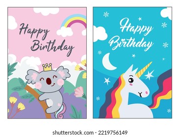 Set of birthday greeting poster cards design cute animal koala, unicorn