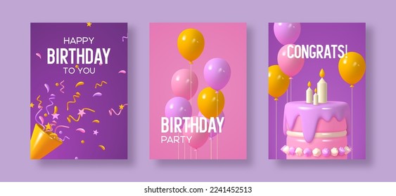 Set of birthday greeting posters with balloons, cake and confetti. Pink, purple, yellow colors. Realistic vector illustration.