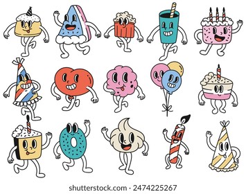 Set of Birthday Groovy Cartoon Character Doodle Illustration 