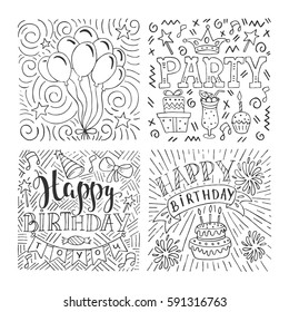 Set of birthday hand drawn illustrations for greeting cards design isolated on white background. Happy Birthday to you. Party elements. 