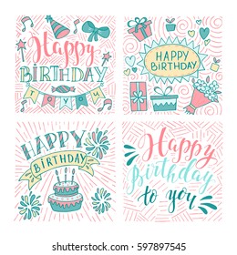 Set of birthday hand drawn illustrations for greeting cards design isolated on white background. Happy Birthday to you. Party elements. 
