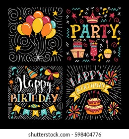 Set of birthday hand drawn illustrations for greeting cards design isolated on background. Happy Birthday to you. Party elements. 