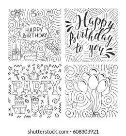 Set of birthday hand drawn illustrations for greeting cards design isolated on white background. Happy Birthday to you. Party elements. 