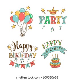 Set of birthday hand drawn illustrations for greeting cards design isolated on white background. Happy Birthday to you. Party elements. 