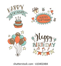 Set of birthday hand drawn illustrations for greeting cards design isolated on white background. Happy Birthday to you. Party elements. 