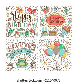 Set of birthday hand drawn illustrations for greeting cards design isolated on white background. Happy Birthday to you. Party elements. 