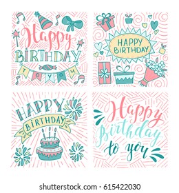 Set of birthday hand drawn illustrations for greeting cards design isolated on white background. Happy Birthday to you. Party elements. 