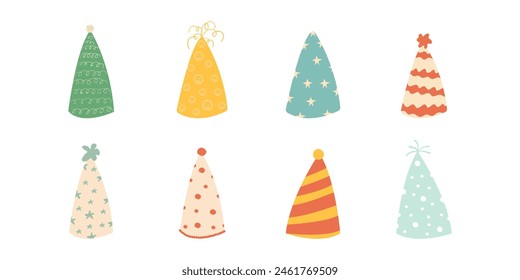 Set of birthday hats. Set of vector illustrations of cute colored hats for greeting cards, stickers, design.Simple birthday hat