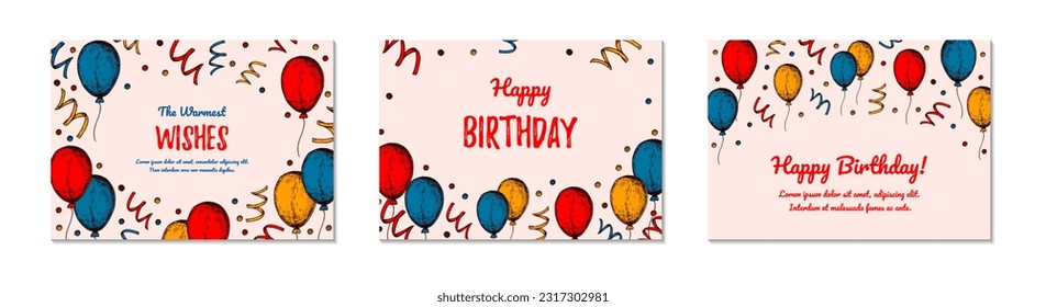 Set of Birthday horizontal greeting cards. Design with hand drawn elements. Celebration invitation  template. Vector illustration in sketch style. Festive kids colorful poster