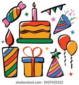set of birthday icons. ballon, gift, birthday cake, element, decoration. simple colorful hand drawn cute flat vector background illustrations