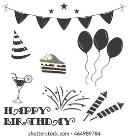Set of birthday icons. Black and white.