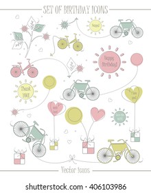 Set of birthday icons and celebrations include retro bicycles, flowers, gifts, hearts and bows. Objects can be used for wedding invitations, greeting cards and more creative ideas.