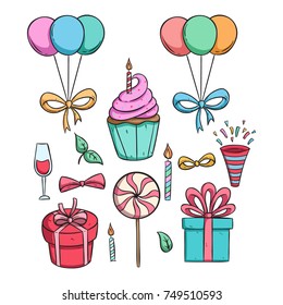 set of birthday icons or elements with doodle or hand drawn style