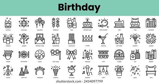 Set of birthday icons. Linear style icon bundle. Vector Illustration