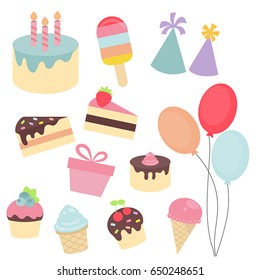 Set of birthday icons on white background. Party and celebration design elements. Set with birthday cake, balloons, gift and festive attributes.