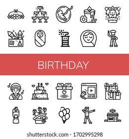 Set of birthday icons. Such as Flower crown, Fireworks, Champagne, Baby, Fetus, Firecracker, Candle, Baby girl, Birthday, Disco, Bouquet, Wedding cake, Flower bouquet , birthday icons