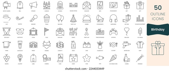 Set of birthday icons. Thin outline icons pack. Vector illustration