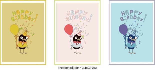 Un conjunto de ilustraciones de cumpleaños. Feliz cumpleaños para ti, pájaro festivo, globo, tarjetas de felicitación listas para usar, eps. Para su diseño