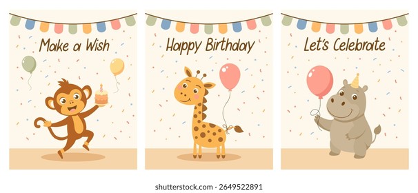 Conjunto de convites de aniversário com animais selvagens bonitos. Cartões comemorativos de aniversário. Ilustração para cartão postal, convite, cartaz, impressão.