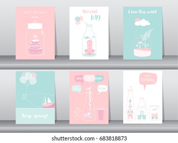 Set of birthday invitations. Card, poster, greeting template with bottle home house. Vector illustrations