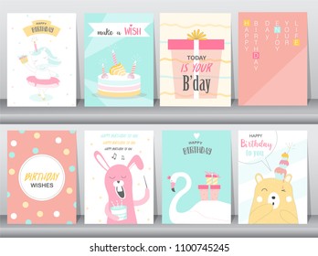 Set of birthday invitations cards, poster, greeting, template, animals,unicorn,rabbit,cake,stork,goose,Vector illustrations 