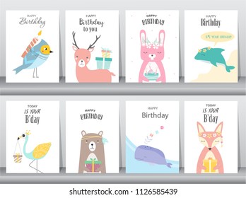 Set of birthday invitations cards, poster, greeting, template, animals,rabbit,cake,stork,goose,whale,birds,deer,Vector illustrations 