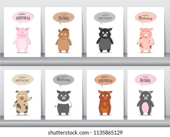 Set of birthday invitations cards, poster, greeting, template, animals,wild boar,pig,hogs,Vector illustrations 