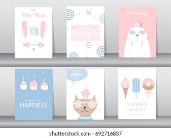 Set of birthday invitations cards,poster,greeting,template,cat,cake,rabbit,Vector illustrations
